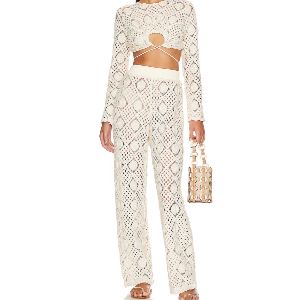 Andrea Iyamah Ivory Crochet Wide-Leg Pants
